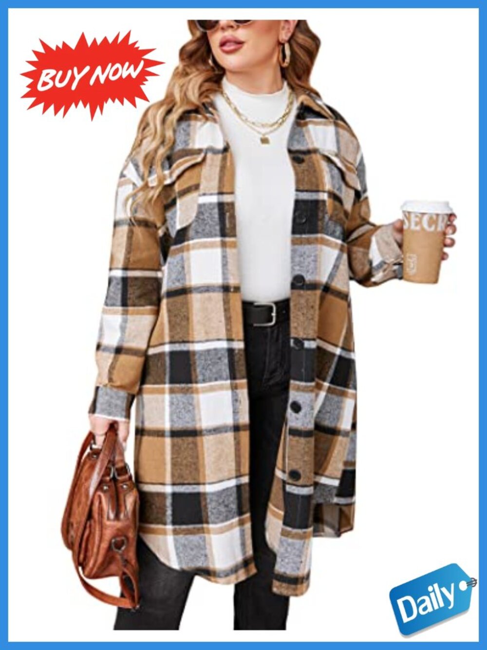 Plus Size Flannel Plaid Shacket Long Sleeve Button Down Shirt